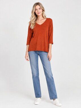 2/$30 Chico's Cotton 3/4 Sleeve V-Neck Tee Burnt Orange 12 #A5156